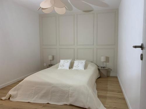 ein weißes Schlafzimmer mit einem großen weißen Bett mit zwei Kissen in der Unterkunft Le chardonnay, 30 min de Reims in Dormans