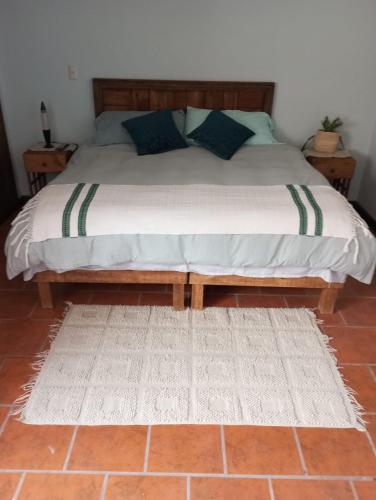 a bedroom with a large bed with a white rug at Casa Macetas in San Miguel de Allende