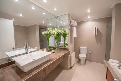 a bathroom with a sink and a toilet and a mirror at Hotel RP in Temuco