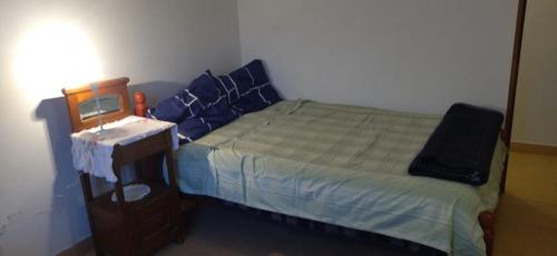 1 dormitorio con 1 cama con sábanas azules y almohadas azules en ¨Casa lo de Lalo¨ en Volcán