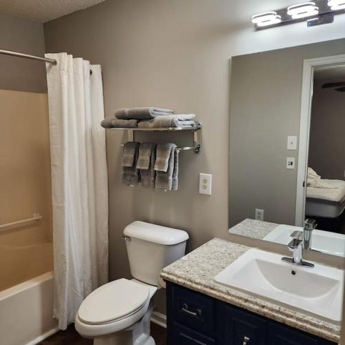 a bathroom with a toilet and a sink and a mirror at Totally Rad Pad! in Midway