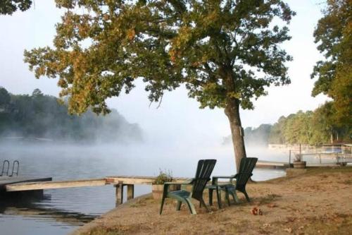 a table and chairs under a tree next to a lake at #05 - Lakefront Two Bedroom Cottage- Pet Friendly in Hot Springs