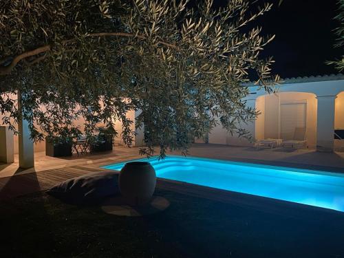 uma piscina num quintal à noite em Villa Jurio em Argeliers
