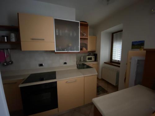 a small kitchen with wooden cabinets and a microwave at Appartamento Ari in Vermiglio