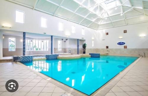 a large swimming pool with blue water in a building at Heyward mews holiday homes in Dublin