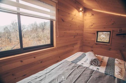 Bett in einem Holzzimmer mit Fenster in der Unterkunft Yuki Yama in Malalcahuello
