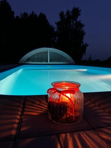 a red jar sitting on a table in front of a car at Moderní dům s bazénem a saunou, Žďárské vrchy in Malá Losenice
