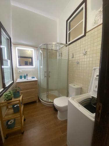 y baño con ducha, aseo y lavamanos. en Apartamento La Pepa - Santa Cruz de La Palma, en Santa Cruz de la Palma