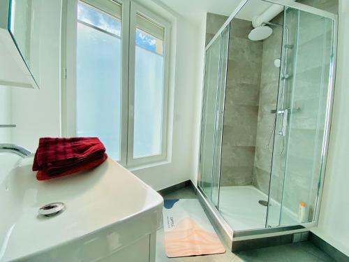 a bathroom with a shower and a white sink at Cozy Appart'3 - Centre ville & Proche Gare - Cozy Houses in Massy