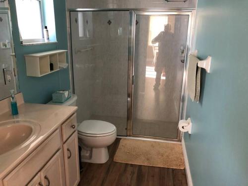 uma casa de banho com um chuveiro, um WC e um lavatório. em Guest house withl kitchen living room 65" tv solar heated pool em Palm Coast