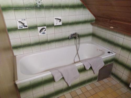 a bathroom with a bath tub with towels hanging from it at Apartmán u lesa u Adršpachu in Jívka