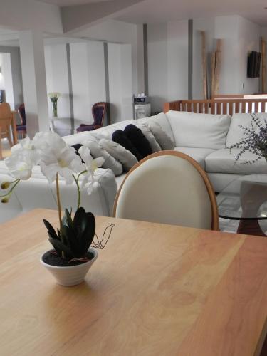 a living room with a table and a couch at Hotel Las Terrazas Business in Chillán