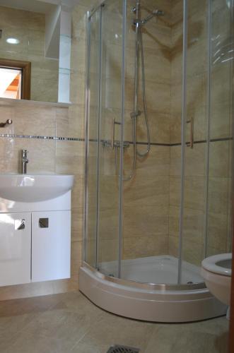 a bathroom with a shower and a sink at Apartments TMV Dragovic in Sveti Stefan
