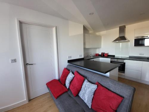 a living room with a gray couch with red pillows at Vetrelax Basildon City Center Apartment in Basildon