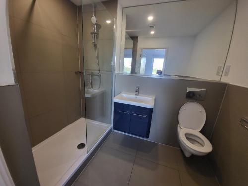 a bathroom with a shower and a toilet and a sink at Vetrelax Basildon City Center Apartment in Basildon