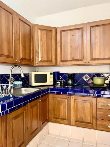 a kitchen with wooden cabinets and a microwave at Estudio Con Alberca in San José del Cabo