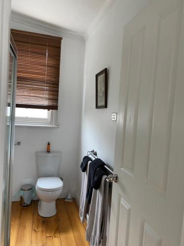 biała łazienka z toaletą i oknem w obiekcie R&R Blue Diamond Luxury Cottage Maryborough, Vic w mieście Maryborough