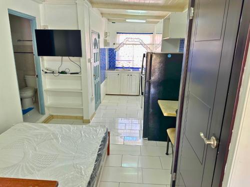 a small room with a bed and a kitchen at The Limes Apartments in Grand Anse