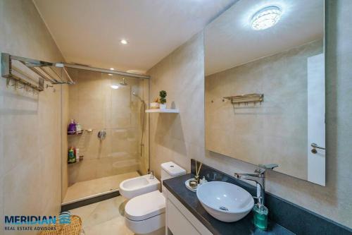 uma casa de banho com um lavatório, um WC e um chuveiro em Gorgeous Apartment in Asunción em Assunção