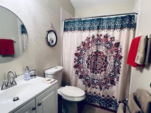 a bathroom with a toilet and a shower curtain at Ruskin FL private 2 bdrm 1 bath suite Common areas shared with host in Ruskin