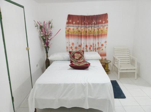 a bedroom with a bed with a pillow on it at Cozy Family Inn in Port Antonio