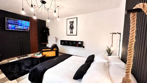 um quarto com uma cama de baloiço e uma televisão em Homsty em San Martín Texmelucan de Labastida