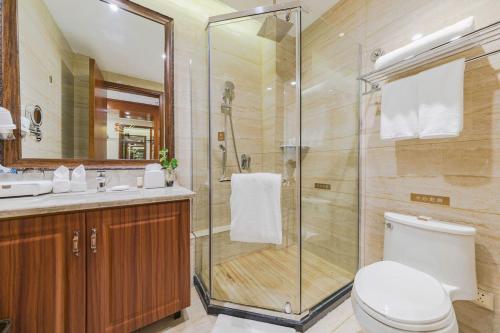 YunRay Hotel Shijiazhuang في هيبي: حمام مع دش ومرحاض ومغسلة