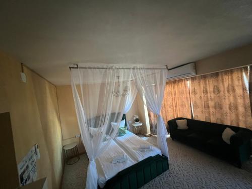 a bedroom with a bed with curtains and a couch at pensiunea medellin in Tulcea