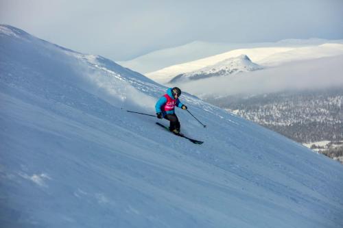 uma pessoa está a esquiar numa encosta coberta de neve em Valseter em Sør-Fron