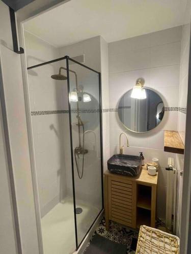La salle de bains est pourvue d'une douche, d'une table et d'un miroir. dans l'établissement Superbe Appartement - Centre ville Vannes à pied, à Vannes