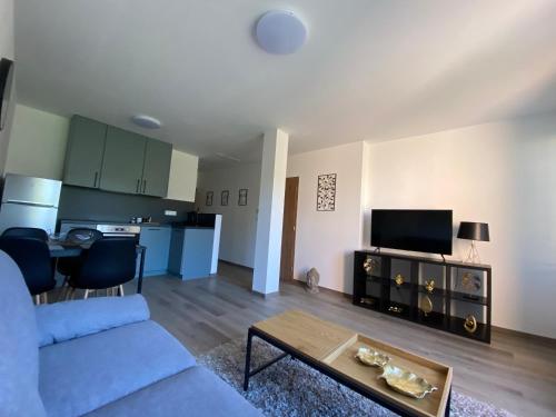 sala de estar con sofá azul y mesa en Černá růže - Apartmán 5 en Plzeň