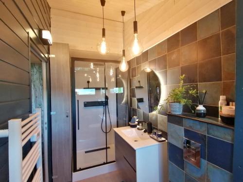 a bathroom with a sink and a shower at TiNY HOUSE LE CHALET in Échenoz-la-Méline