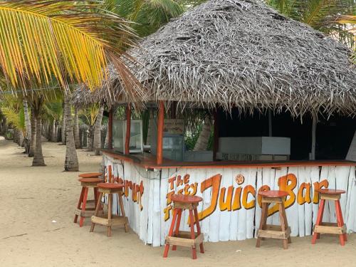 a bar with three stools and a straw hut at The Tasty Tuna Cabana in Arugam Bay