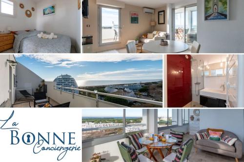 un collage de photos d'une chambre et d'une pièce dans l'établissement Le Panoramique * Vue Mer Exceptionnelle * Clim * Véranda * Parking Privé * Front de mer, à La Grande Motte