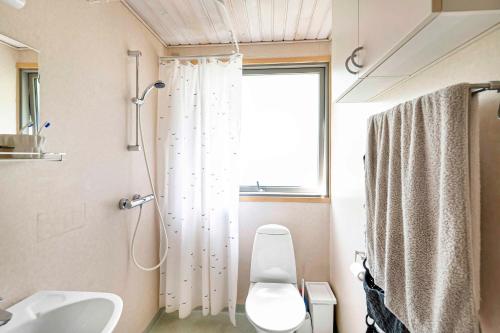 a bathroom with a shower and a toilet and a sink at Baunevnge 4 in Vester Sømarken