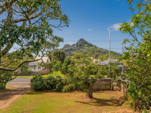 a view of a mountain from a yard with trees at Paku View Retreat - Tairua Holiday Home in Tairua