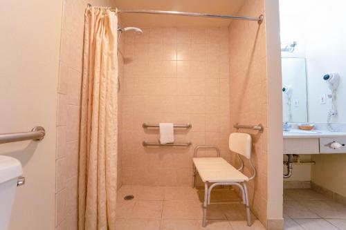 a bathroom with a shower with a chair and a sink at Royal Plaza Inn in Indio