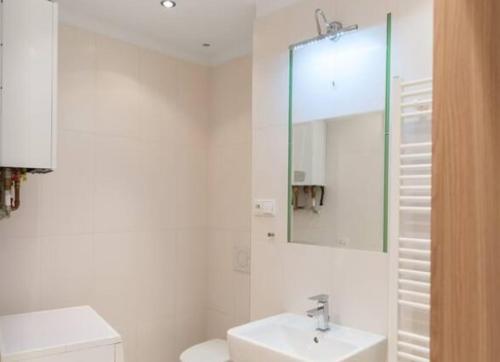 een witte badkamer met een wastafel en een spiegel bij Apartment Vltavska A in Praag