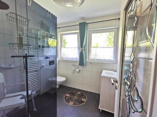 a bathroom with a shower and a toilet and a sink at Ferienwohnung "Carinerland" mit Terrasse in Ostseenähe 