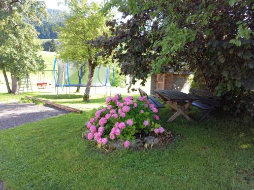 a park bench and pink flowers in the grass at Eisl in Gmunden