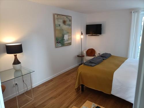 1 dormitorio con 1 cama y 1 mesa con lámpara en Villa Buffon en Angers