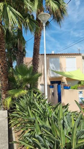 un feu de rue à côté d'un bâtiment avec des palmiers dans l'établissement Plage des Sablettes -St Mandrier Maison du Pécheur, à La Seyne-sur-Mer