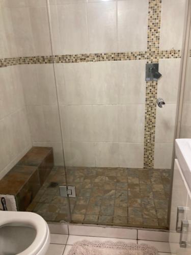 a bathroom with a shower with a toilet and a sink at Cozy, 2 bedroom beachfront apartment in Ballito