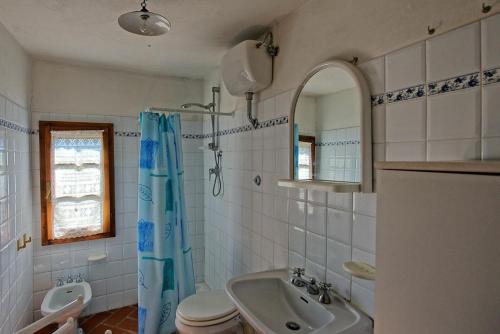 bagno con lavandino, servizi igienici e specchio di Scerfio by PosarelliVillas a Pieve a Presciano