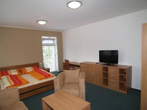 ein Wohnzimmer mit einem Bett und einem Sofa in der Unterkunft Lipovka penzion in Hodonín