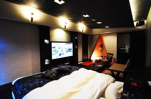 a bedroom with a bed and a flat screen tv at Hotel Free Style Okayama in Okayama