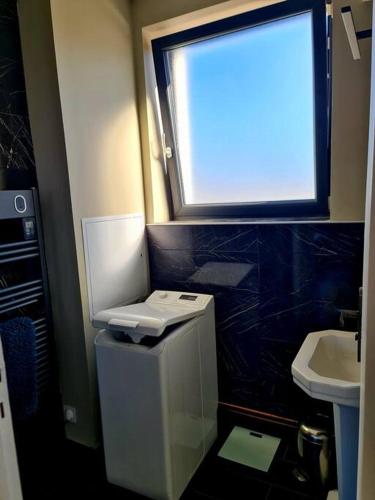 a small bathroom with a window and a sink at Appartement 2 chambres in Aire-sur-la-Lys