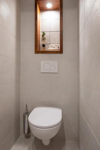 a bathroom with a white toilet and a mirror at Golden Rays Beach Scheveningen The Hague Appartment 180B in Scheveningen