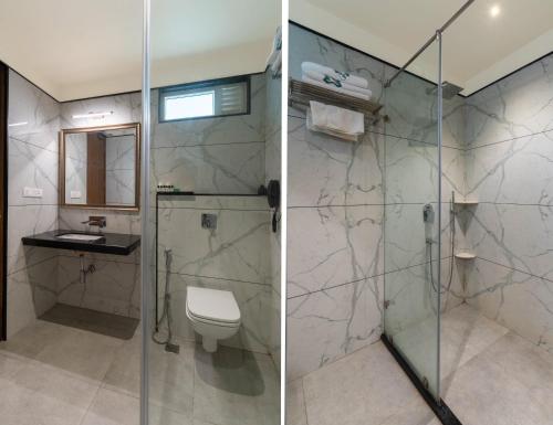 two pictures of a bathroom with a shower and a toilet at Panna Vilas - A Lake Facing Boutique Hotel in Udaipur