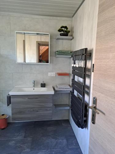 une salle de bain avec un lavabo et un miroir dans l'établissement Maison Maurer, à Aschbach